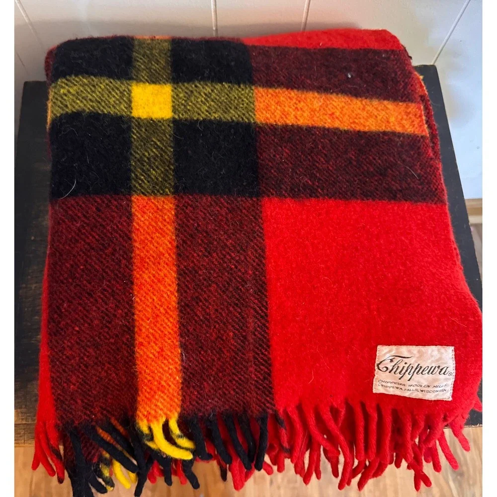 Vintage Chippewa Woolen Mills Red Plaid Wool Blanket Fringe 54x56 Made in USA